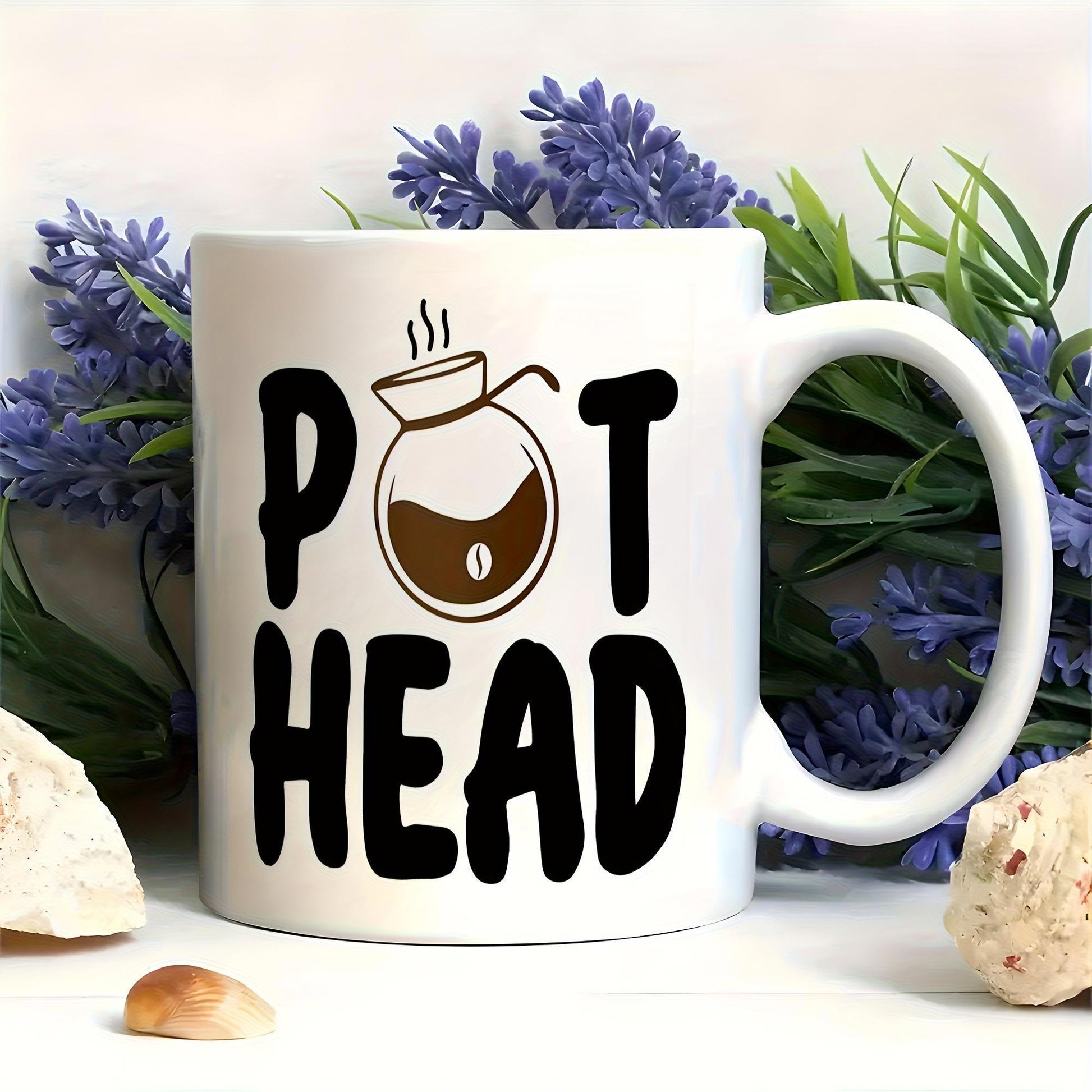 Tailorly White Ceramic 11 oz Mug - Pot Head Minimalist Brewing Carafe With Steaming Hot Coffee And Tiny Bean Detail Mug