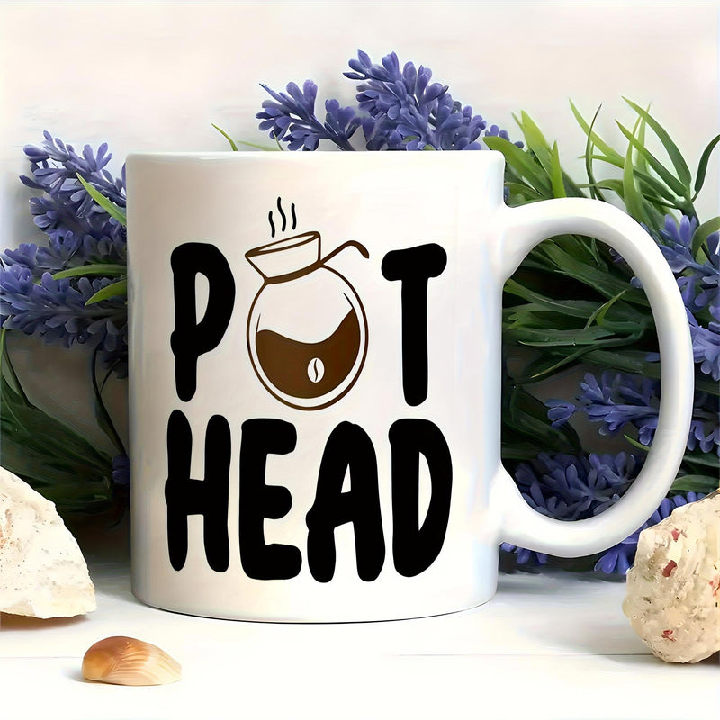 Tailorly White Ceramic 11 oz Mug - Pot Head Minimalist Brewing Carafe With Steaming Hot Coffee And Tiny Bean Detail Mug