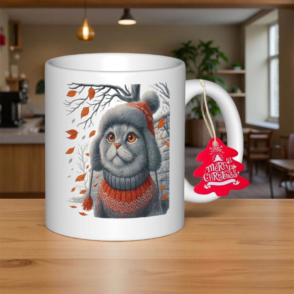 Tailorly White Ceramic 11 oz Mug - Merry Christmas Fluffy Gray Feline Wearing Warm Winter Clothes Among Autumn Leaves Cat