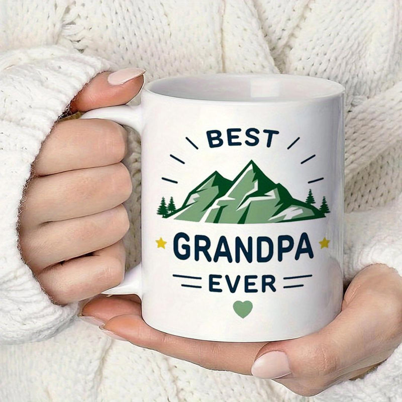 Tailorly White Ceramic 11 oz Mug - Best Grandpa Ever Green Peaks Surrounded By Forest Trees Under Stylized Sun Rays Mountain