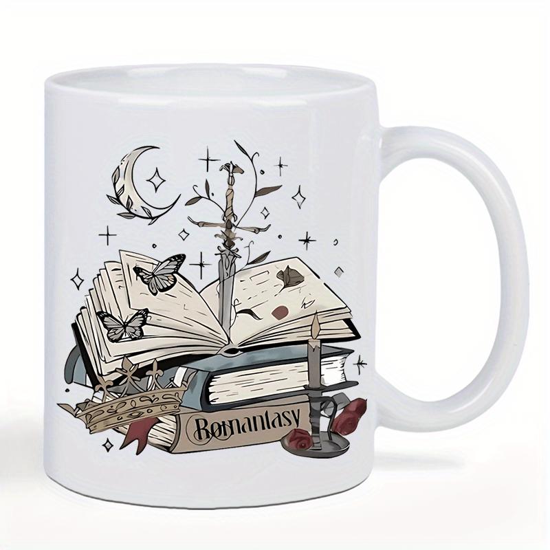 Tailorly White Ceramic 11 oz Mug - Romantasy Elegant Stacked Books With A Piercing Sword Under Glowing Stars Book