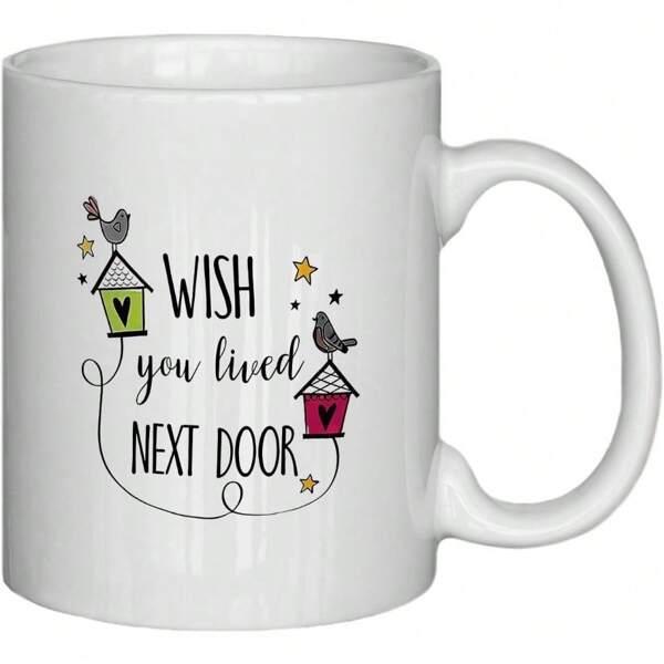 Tailorly White Ceramic 11 oz Mug - Wish You Lived Next Door Two Small Birds Perched On Colorful Houses Among Shining Stars Birdhouse