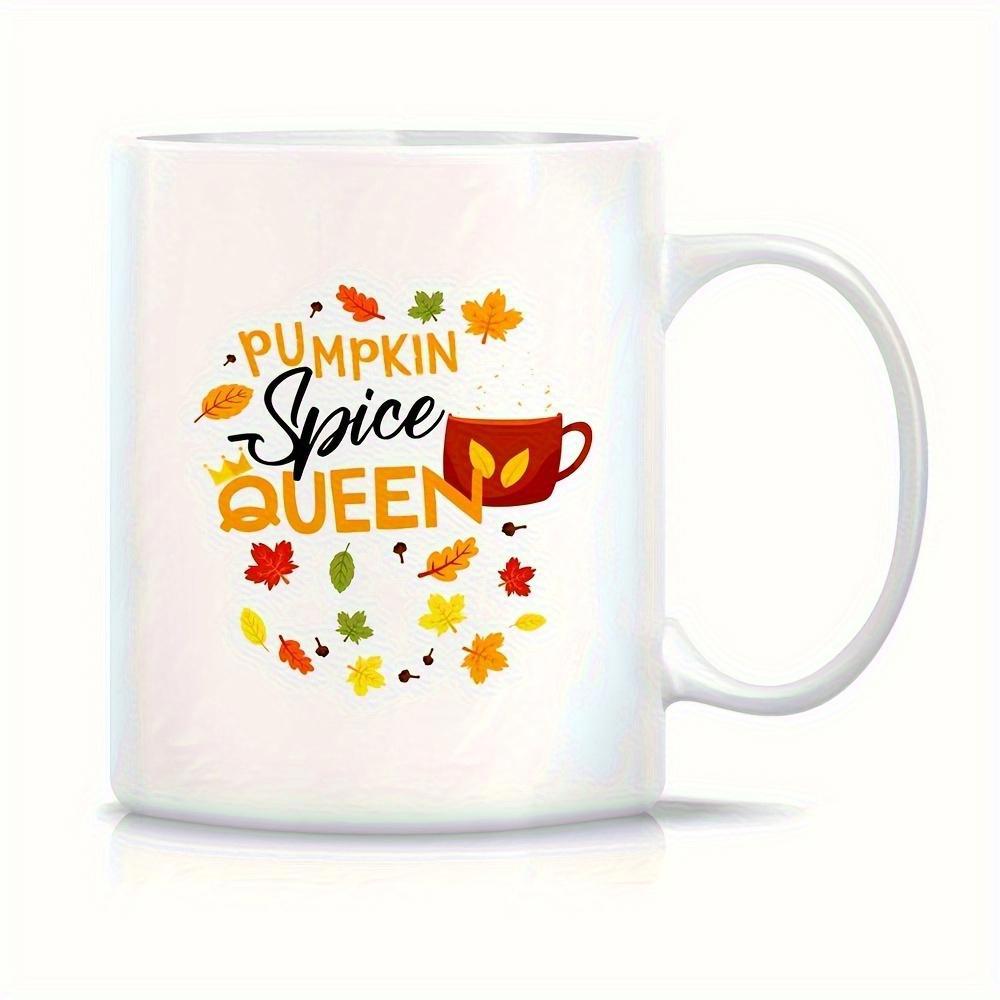 Tailorly White Ceramic 11 oz Mug - Pumpkin Spice Queen Colorful Autumn Leaves Falling Around A Small Steaming Coffee Cup