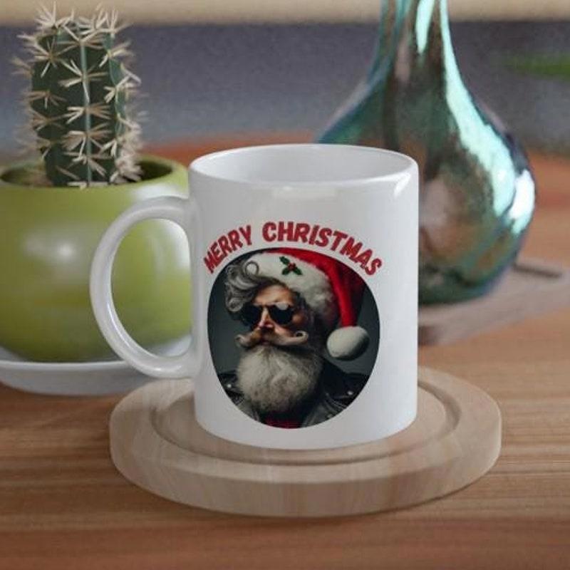 Tailorly White Ceramic 11 oz Mug - Merry Christmas Edgy Bearded Character Wearing Festive Red Hat And Sunglasses Santa