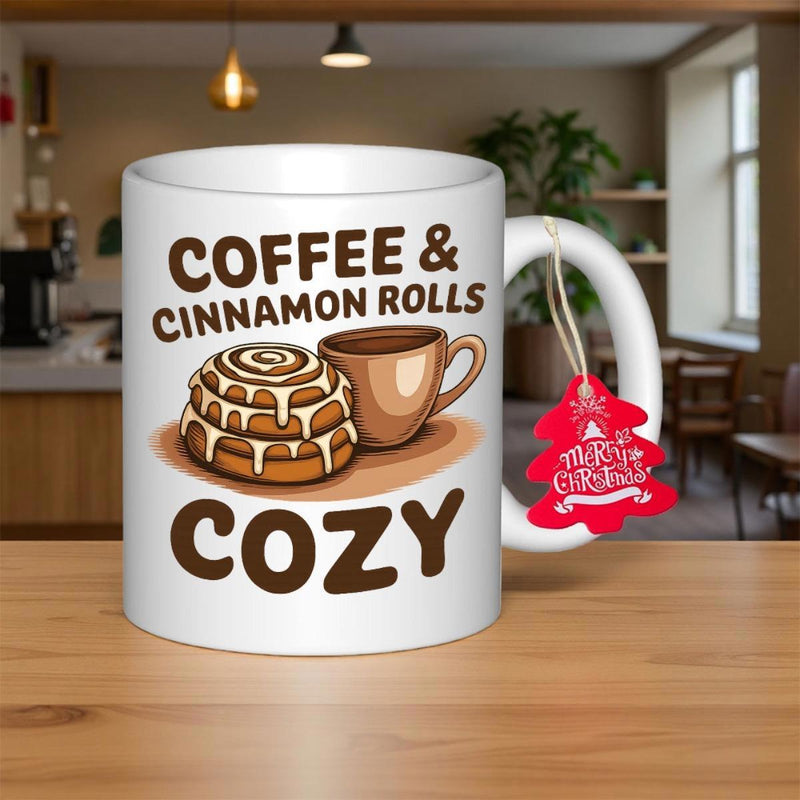 Tailorly White Ceramic 11 oz Mug - Coffee Cinnamon Rolls Cozy Delicious Glazed Pastry Beside A Steaming Brown Drink Mug