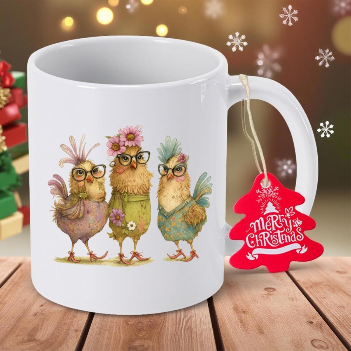 Tailorly White Ceramic 11 oz Mug - Merry Christmas Three Whimsical Cartoon Wearing Glasses And Festive Winter Outfits Among Snowflakes Chickens