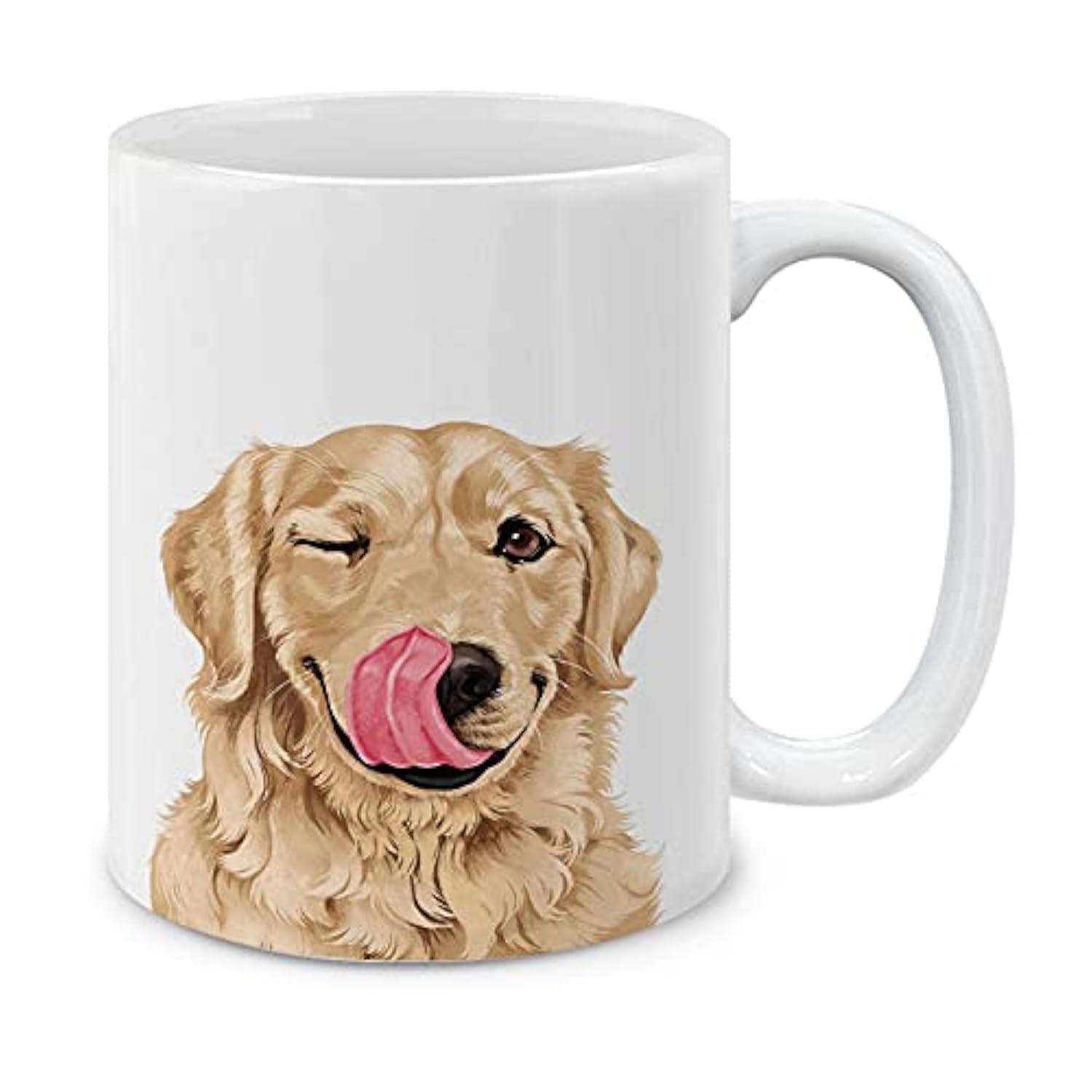 Tailorly White Ceramic 11 oz Mug - Happy Winking Furry Pet Licking Nose With Playful Expression Golden Retriever