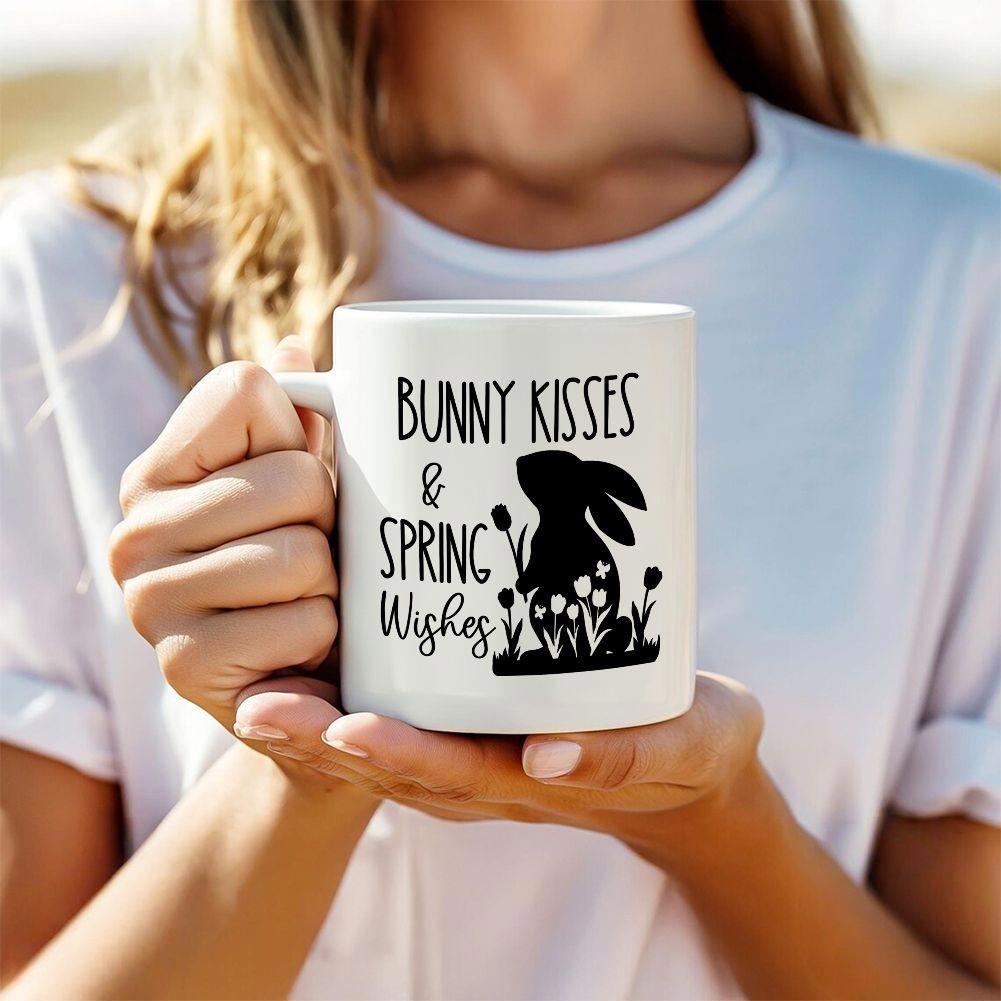Tailorly White Ceramic 11 oz Mug - Bunny Kisses Spring Wishes Minimalist Black Rabbit Silhouette Among Blooming Field Of Tulips Rabbit