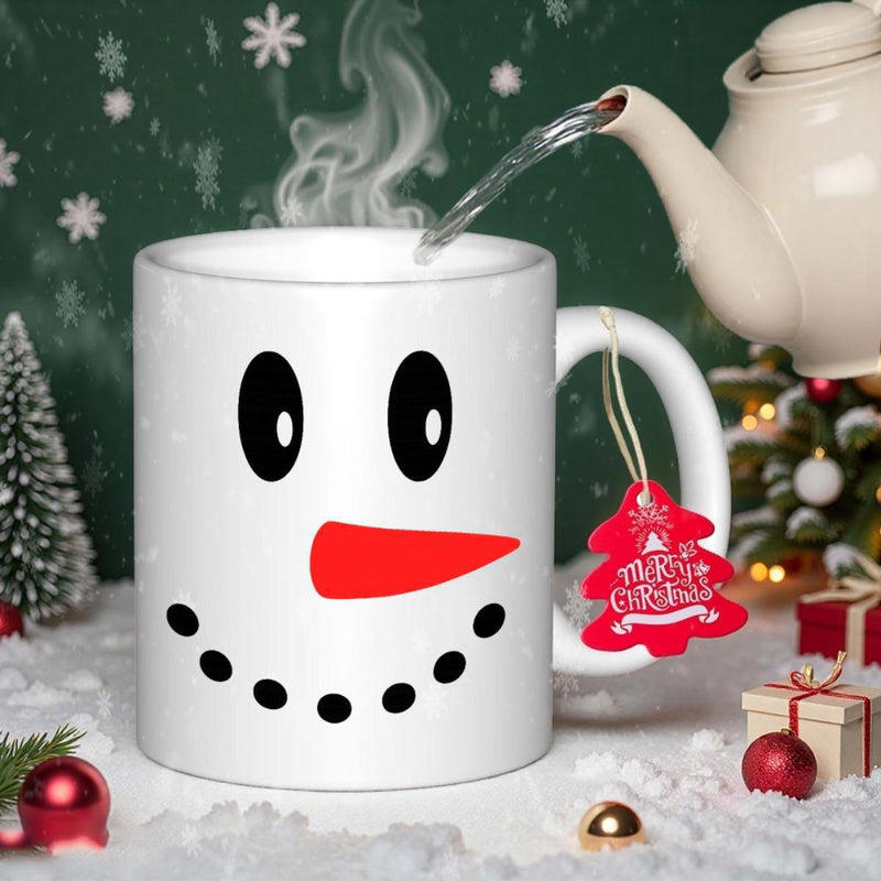 Tailorly White Ceramic 11 oz Mug - Festive Winter Holiday Design Featuring Simple Minimalist Smiling Carrot Nose Snowman Mug