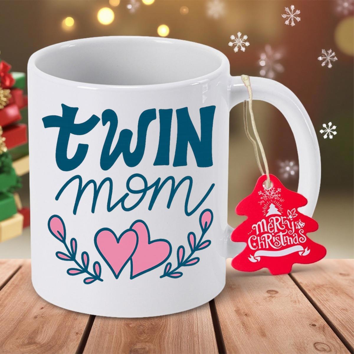 Tailorly White Ceramic 11 oz Mug - Twin Mom Minimalist Pink Hearts Accompanied By Stylish Blue Floral Vines Mug