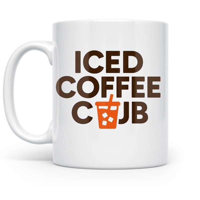 Tailorly White Ceramic 11 oz Mug - Iced Coffee Club Minimalist Bold Brown Lettering Featuring Stylized Orange Beverage Icon Mug
