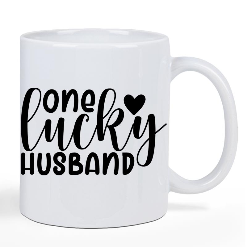 Tailorly White Ceramic 11 oz Mug - One Lucky Husband Simple Minimalist Black Script Text Featuring A Solid Small Cute Heart
