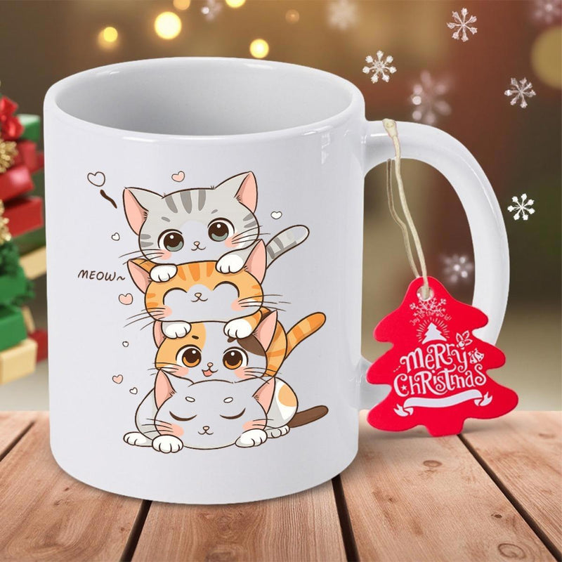 Tailorly White Ceramic 11 oz Mug - Meow Merry Christmas Four Adorable Hand Drawn Kittens Stacked On Each Other Among Hearts Cat