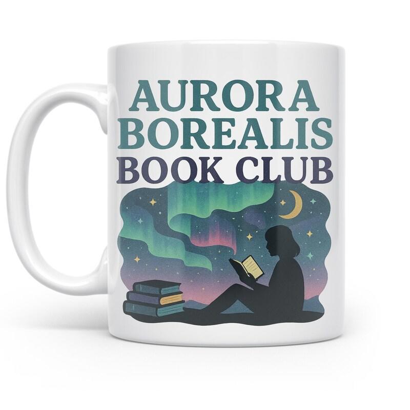 Tailorly White Ceramic 11 oz Mug - Aurora Borealis Book Club Peaceful Silhouette Reading Under Vibrant Northern Lights With Crescent Moon And Books Reader