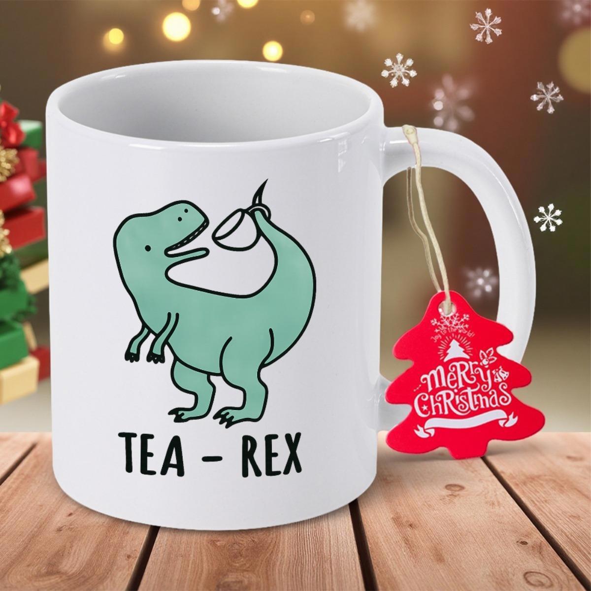 Tailorly White Ceramic 11 oz Mug - Tea Rex Minimalist Green Cartoon Creature Balancing Small Cup Of Steaming Tea Dinosaur