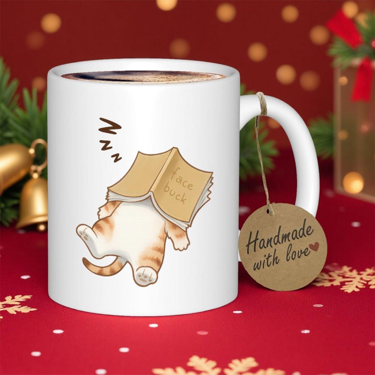 Tailorly White Ceramic 11 oz Mug - Zzz Adorable Ginger Tabby Kitten Napping Under A Small Open Storybook Cat