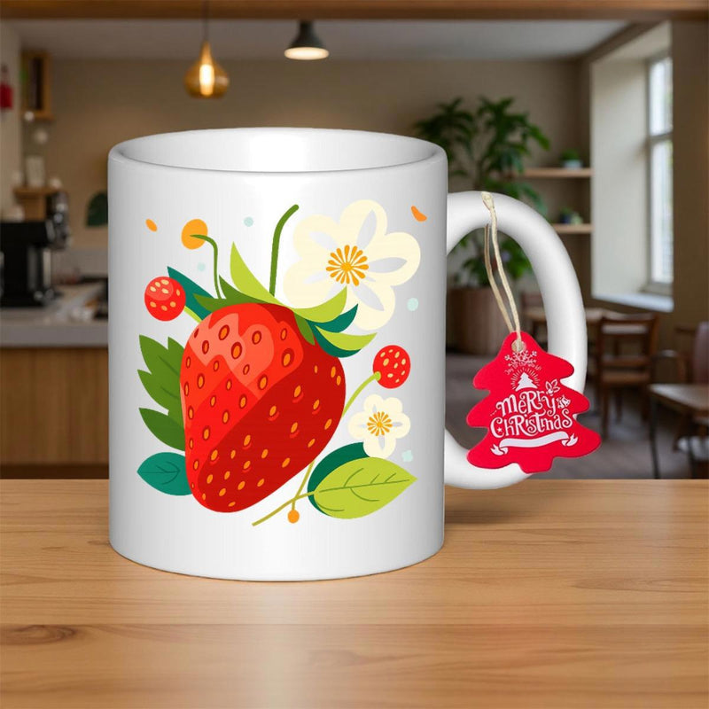 Tailorly White Ceramic 11 oz Mug - Merry Christmas Vibrant Red Garden Fruit With Green Leaves And White Blossoms Strawberry