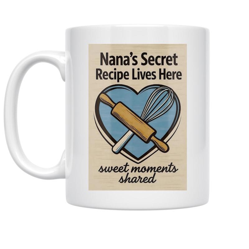 Tailorly White Ceramic 11 oz Mug - Nanas Secret Recipe Lives Here Sweet Moments Shared Classic Wooden Rolling Pin And Whisk Inside A Rustic Blue Heart Rolling Pin