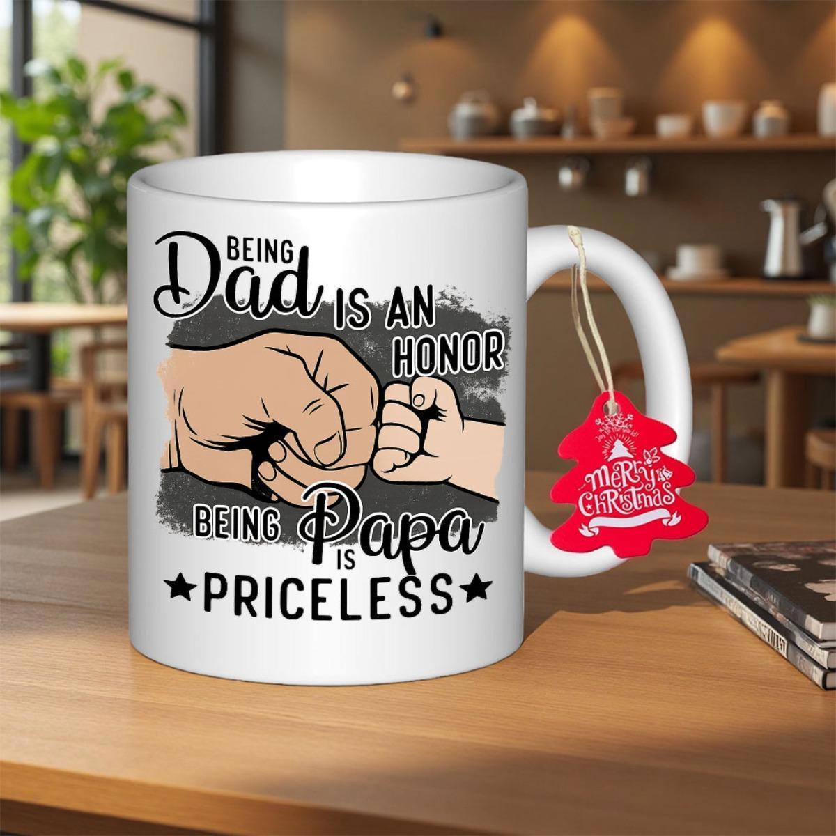 Tailorly White Ceramic 11 oz Mug - Being Dad Is An Honor Being Papa Is Priceless Strong Adult And Tiny Child Hands Making A Meaningful Bonded Connection Fist Bump