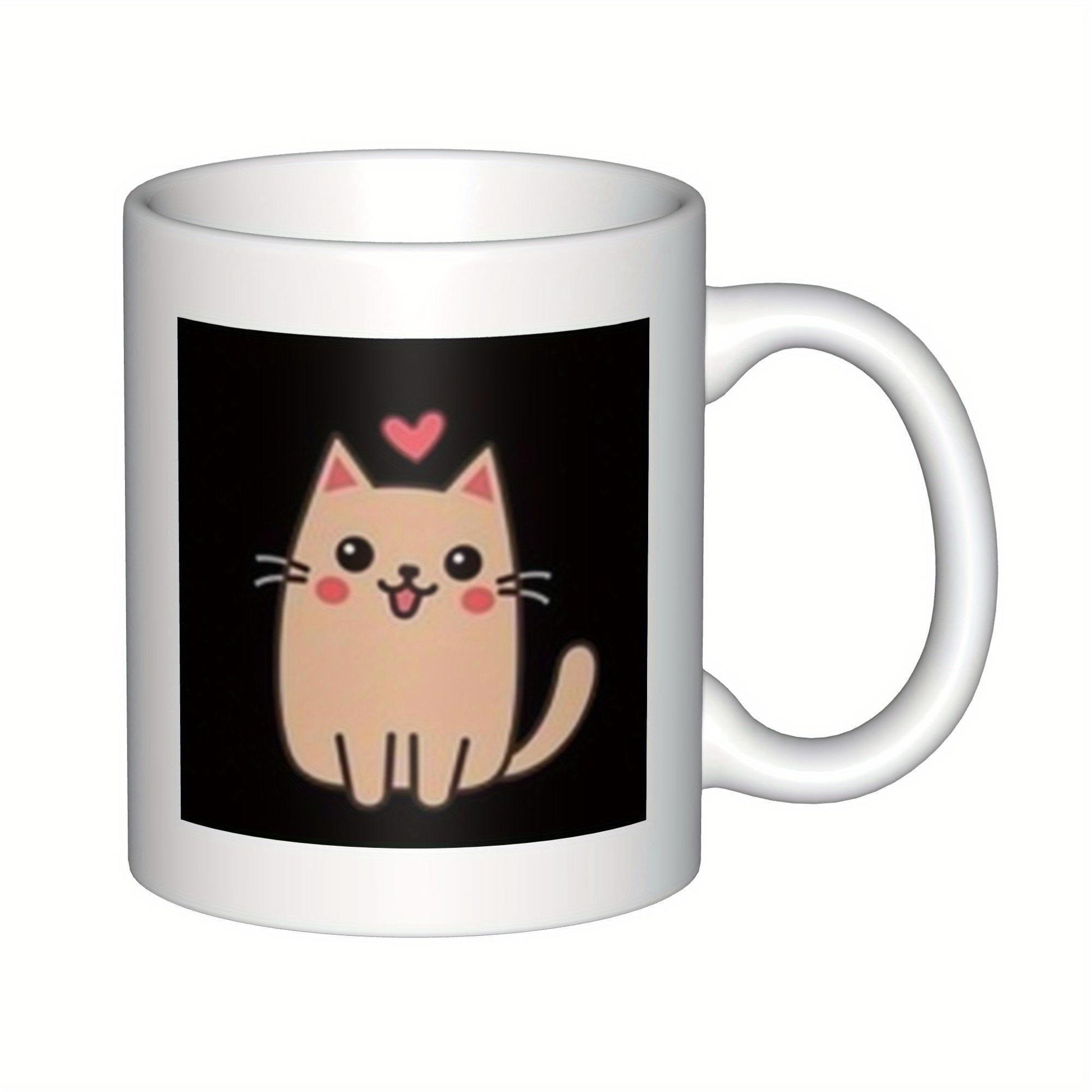 Tailorly White Ceramic 11 oz Mug - Cute Sitting Kitten With Pink Heart Floating On Black Background Cat