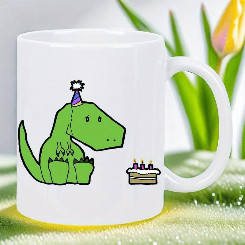 Tailorly White Ceramic 11 oz Mug - Cute Green Cartoon Celebration Wearing Party Hat And Cake Dinosaur