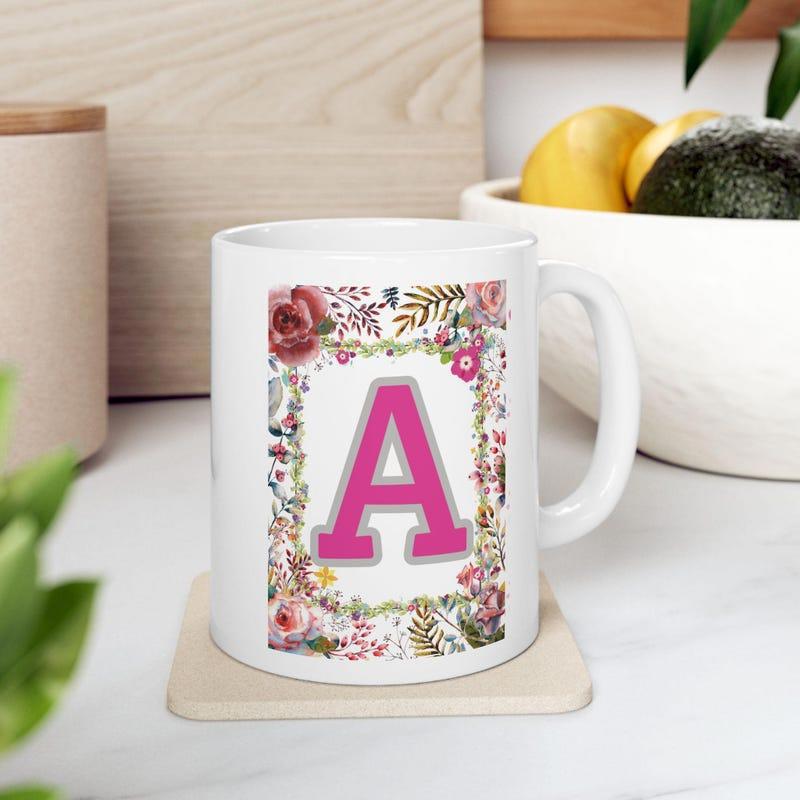 Tailorly White Ceramic 11 oz Mug - A Elegant Floral Wreath With Pink Roses And Green Leaves Letter