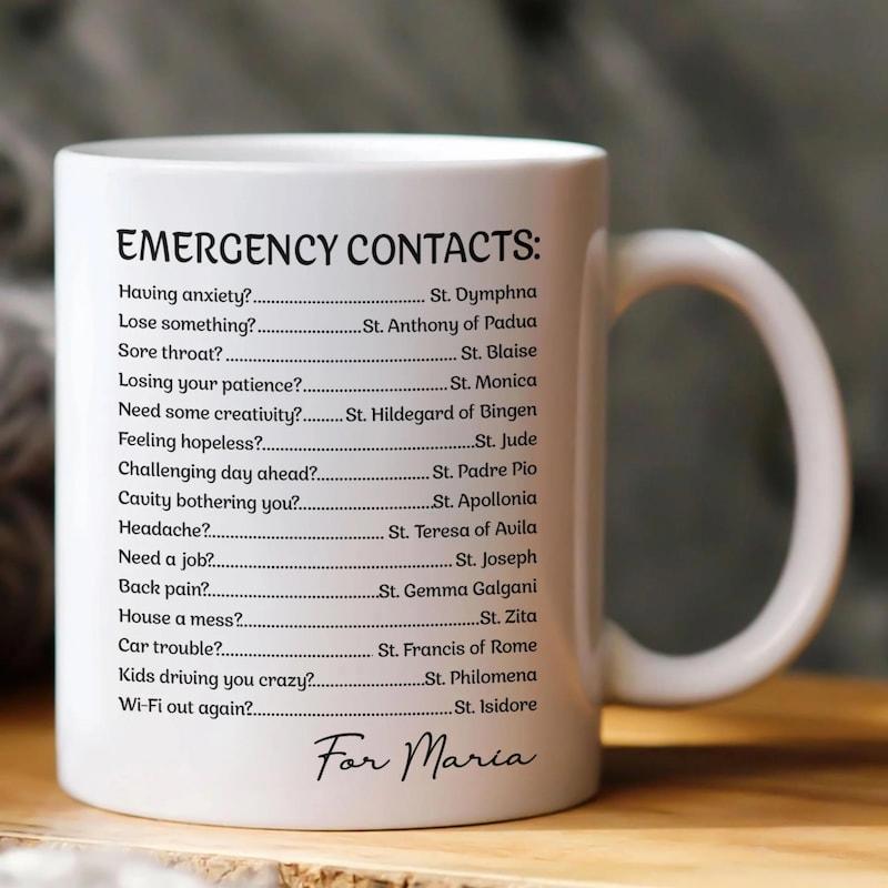 Tailorly White Ceramic 11 oz Mug - Emergency Contacts Polished White Ceramic Vessel Featuring Minimalist Black Printed Religious List Mug