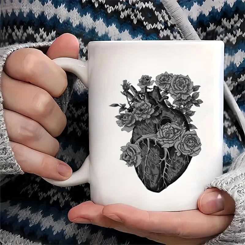 Tailorly White Ceramic 11 oz Mug - Detailed Grayscale Anatomical Organ Adorned With Elegant Blooming Garden Flowers Heart