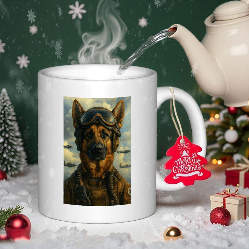 Tailorly White Ceramic 11 oz Mug - Merry Christmas Noble German Shepherd Wearing Vintage Aviator Goggles And Leather Jacket German Shepherd