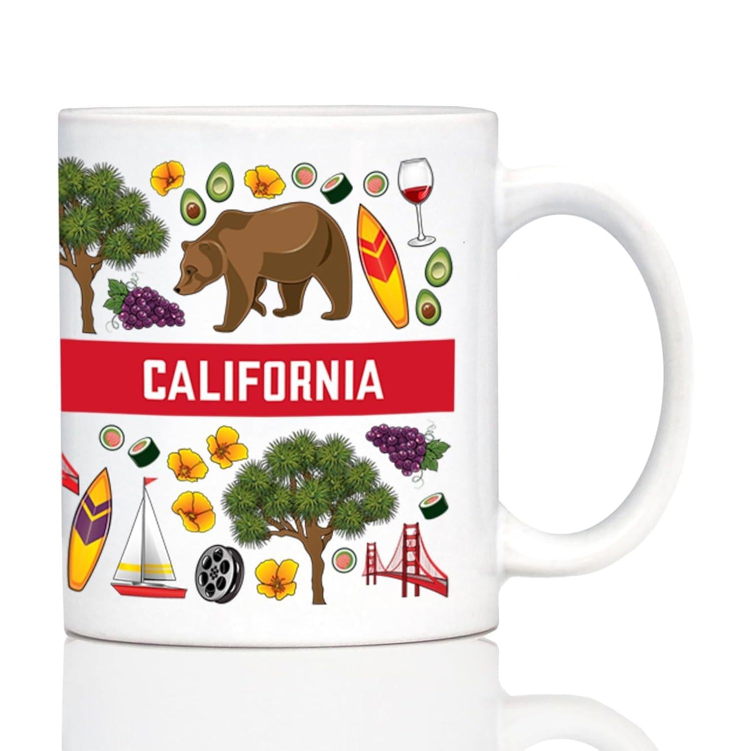 Tailorly White Ceramic 11 oz Mug - California Vibrant State Symbols Featuring Surfboards Flowers Wine And A Sturdy Brown Bear