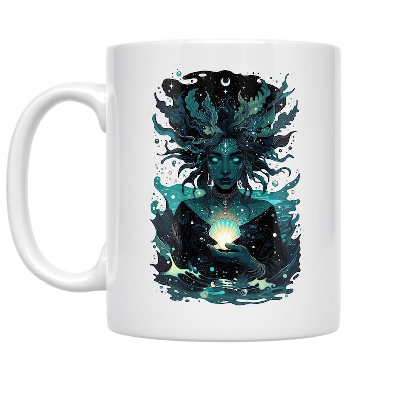 Tailorly White Ceramic 11 oz Mug - Mystical Celestial Woman Holding Glowing Orb Amidst Swirling Dark Cosmic Energy Goddess
