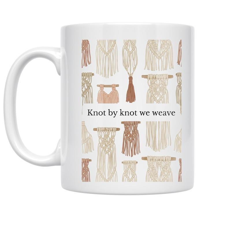 Tailorly White Ceramic 11 oz Mug - Knot By Knot We Weave Handcrafted Boho Decorative String Art Elements Floating On Clean Surface Macrame