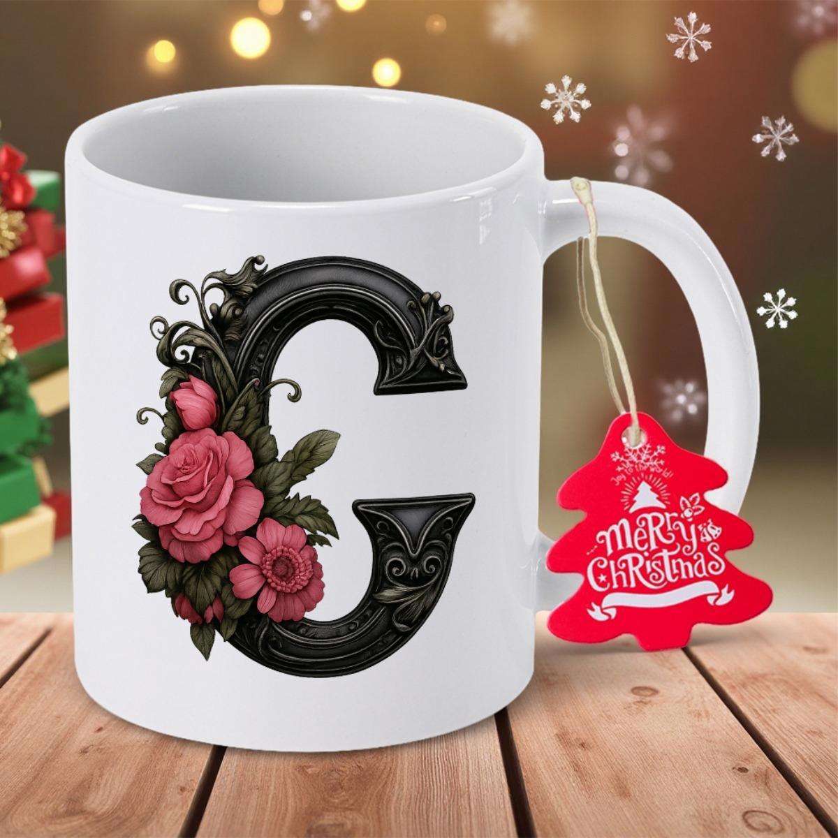 Tailorly White Ceramic 11 oz Mug - Merry Christmas Elegant Vintage Black Monogram With Pink Floral Rose Arrangement Letter