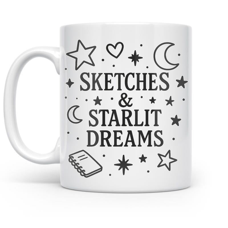 Tailorly White Ceramic 11 oz Mug - Sketches Starlit Dreams Whimsical Night Sky Elements Including Tiny Hearts And Celestial Star