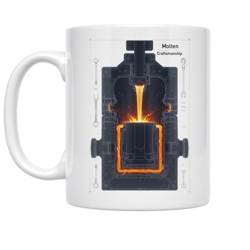 Tailorly White Ceramic 11 oz Mug - Molten Craftsmanship Liquid Metal Pouring Into A Glowing Industrial Casting Chamber Machine
