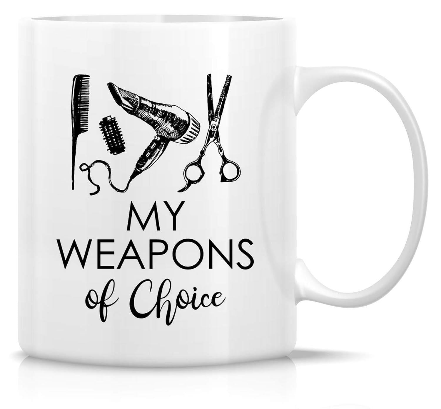 Tailorly White Ceramic 11 oz Mug - My Weapons Of Choice Hand Drawn Professional Hair Styling Equipment Including Blow Dryer And Scissors Tools