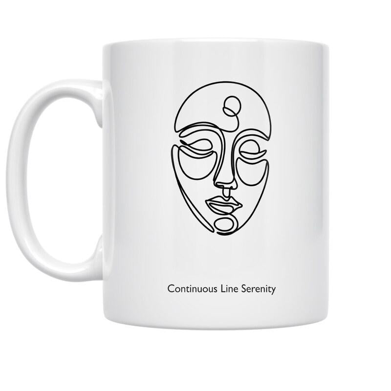 Tailorly White Ceramic 11 oz Mug - Continuous Line Serenity Minimalist Artistic Drawing With A Single Flowing Black Ink Stroke Abstract Face