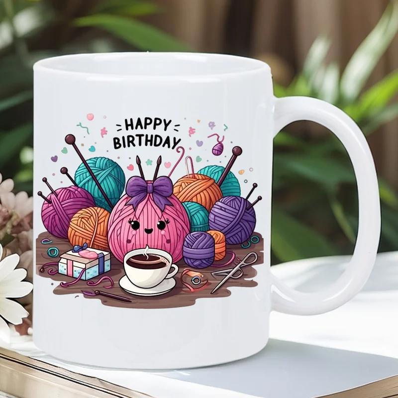 Tailorly White Ceramic 11 oz Mug - Happy Birthday Vibrant Handcrafted Balls Of Wool Featuring Knitting Needles And Coffee Yarn
