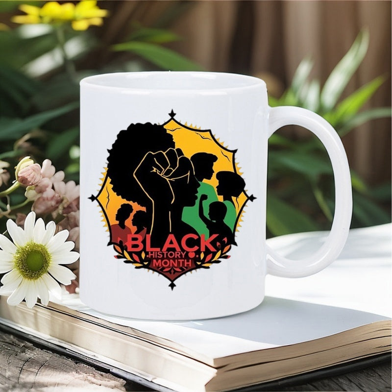 Tailorly White Ceramic 11 oz Mug - Black History Month Strong Silhouettes With Raised Fist Among Vibrant Pan African Colors Art