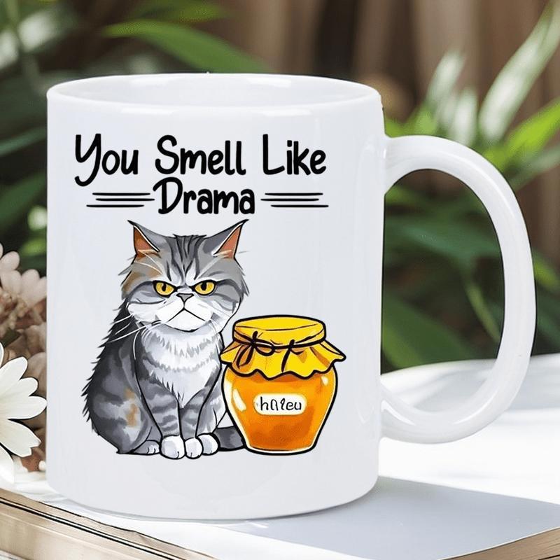 Tailorly White Ceramic 11 oz Mug - You Smell Like Drama Grumpy Grey Tabby Sitting Next To A Sweet Yellow Honey Jar Cat