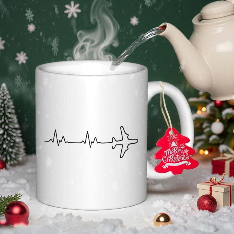 Tailorly White Ceramic 11 oz Mug - Minimalist Pulsing Heartbeat Line Flowing Into A Flying Commercial Passenger Airplane