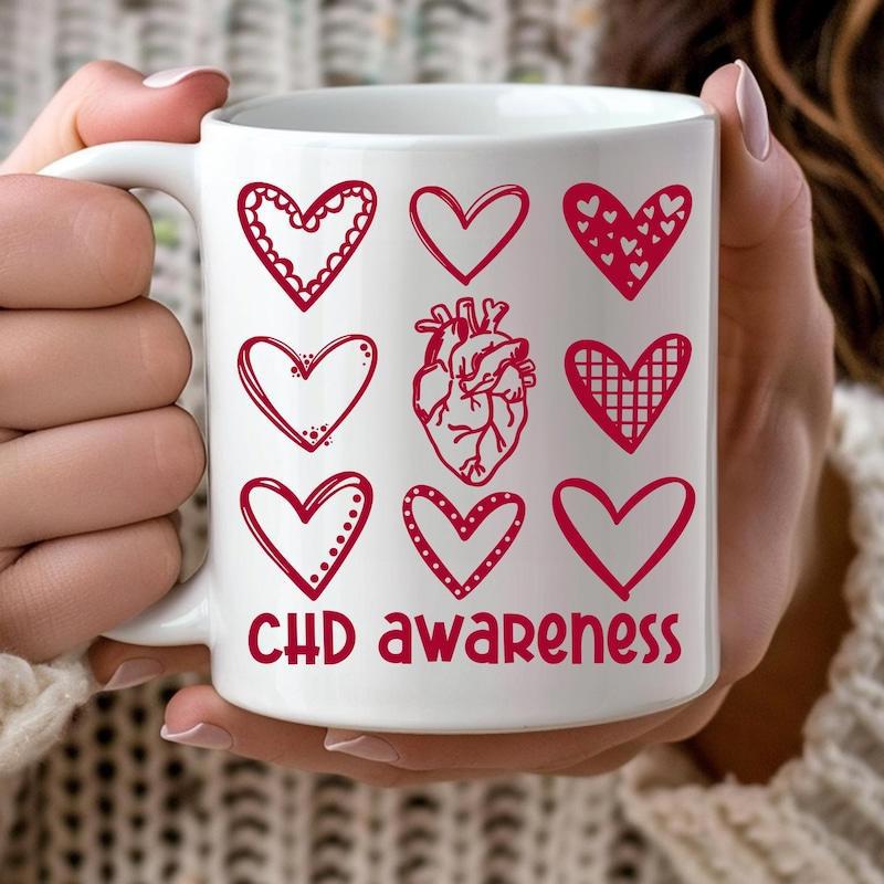 Tailorly White Ceramic 11 oz Mug - CHD Awareness Multiple Artistic Red Patterned Symbols Arranged In A Grid Heart