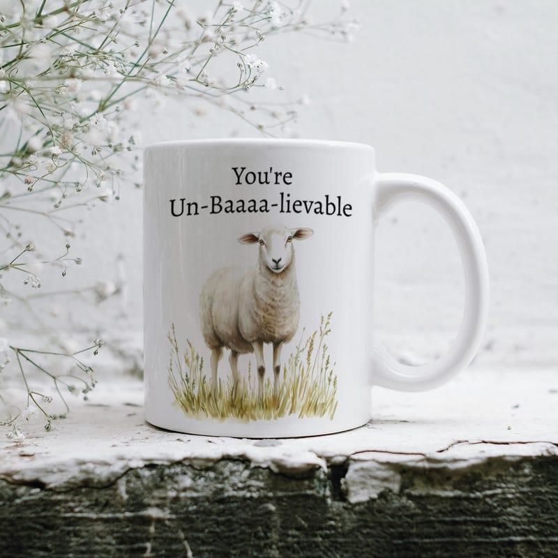 Tailorly White Ceramic 11 oz Mug - Youre Un Baaaa Lievable Realistic Watercolor Style Painting Standing Among Tall Dry Golden Grass Sheep