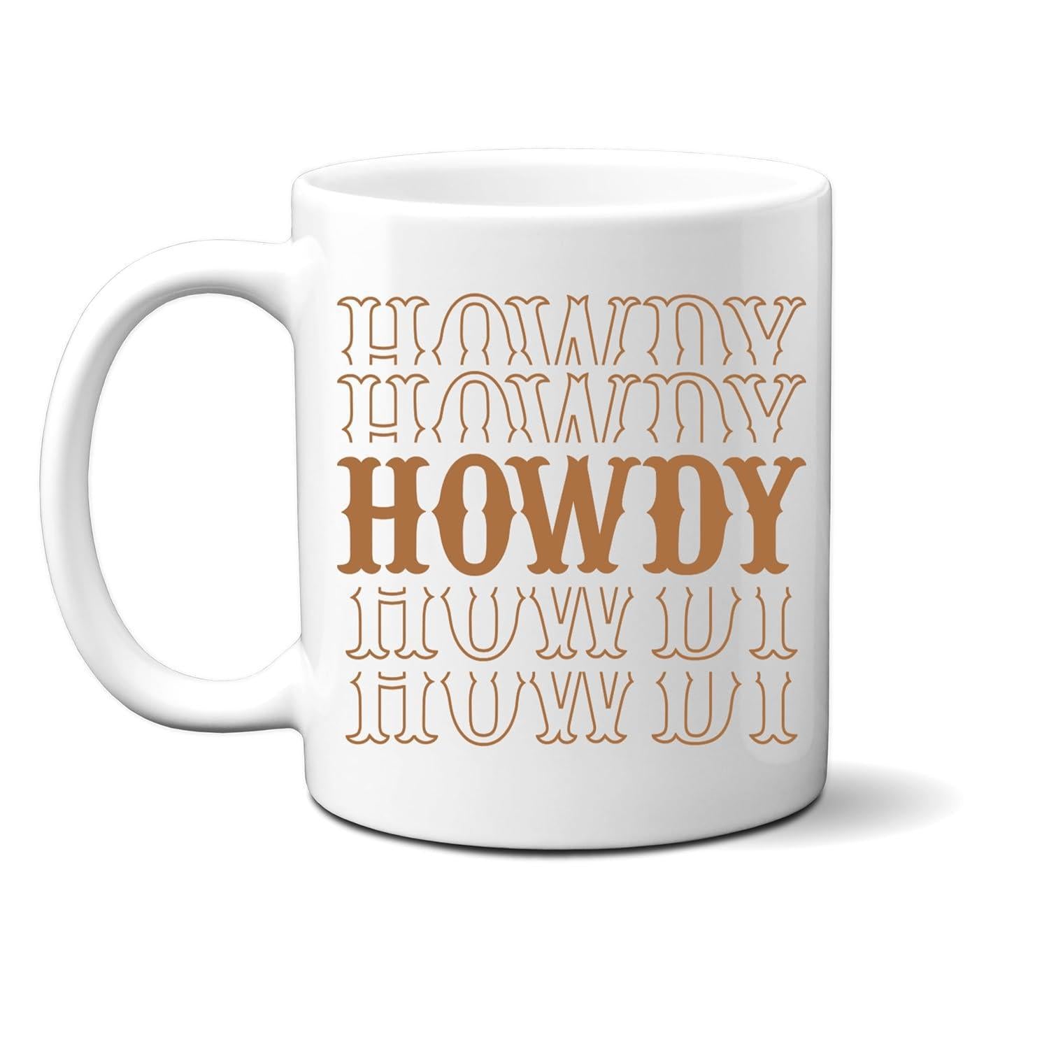 Tailorly White Ceramic 11 oz Mug - Howdy Western Style Bold Repeated Typography Printed On Clean Mug