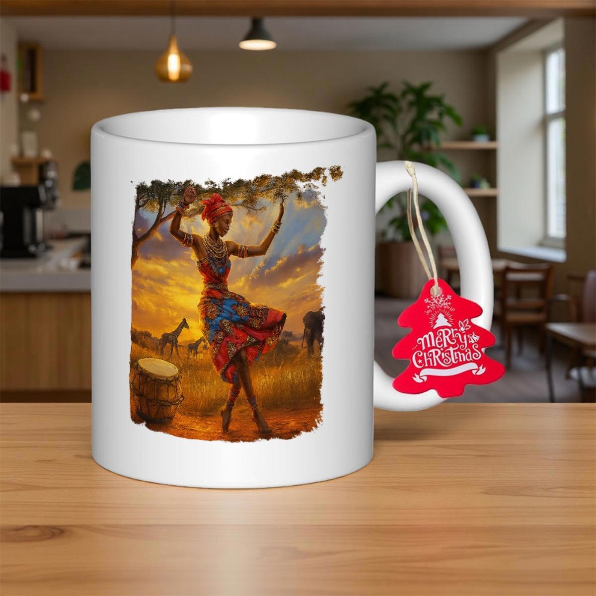Tailorly White Ceramic 11 oz Mug - Elegant Traditional African Woman Dancing Amidst Golden Savannah Sunset With Giraffes Dancer