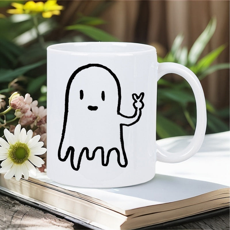 Tailorly White Ceramic 11 oz Mug - Minimalist Black Ink Style Hand Drawn Cute Peace Sign Gesture Ghost