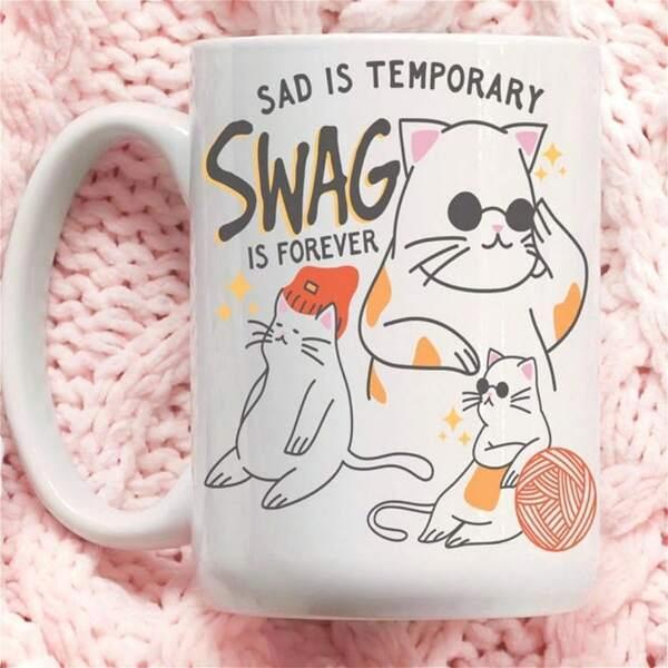 Tailorly White Ceramic 11 oz Mug - Sad Is Temporary Swag Is Forever Three Playful Cartoon Cats Wearing Accessories And Sitting By Yarn Cat