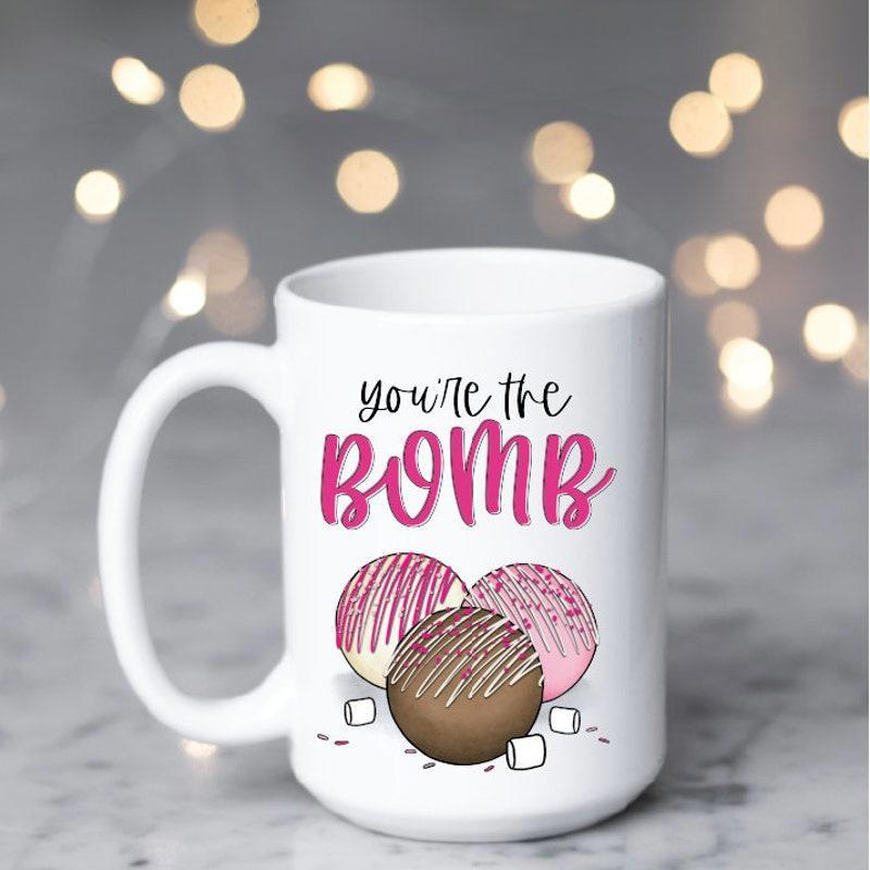 Tailorly White Ceramic 11 oz Mug - Youre The Bomb Delicious Chocolate Cocoa Treats Drizzled With Sweet Pink Icing Cocoa Bomb