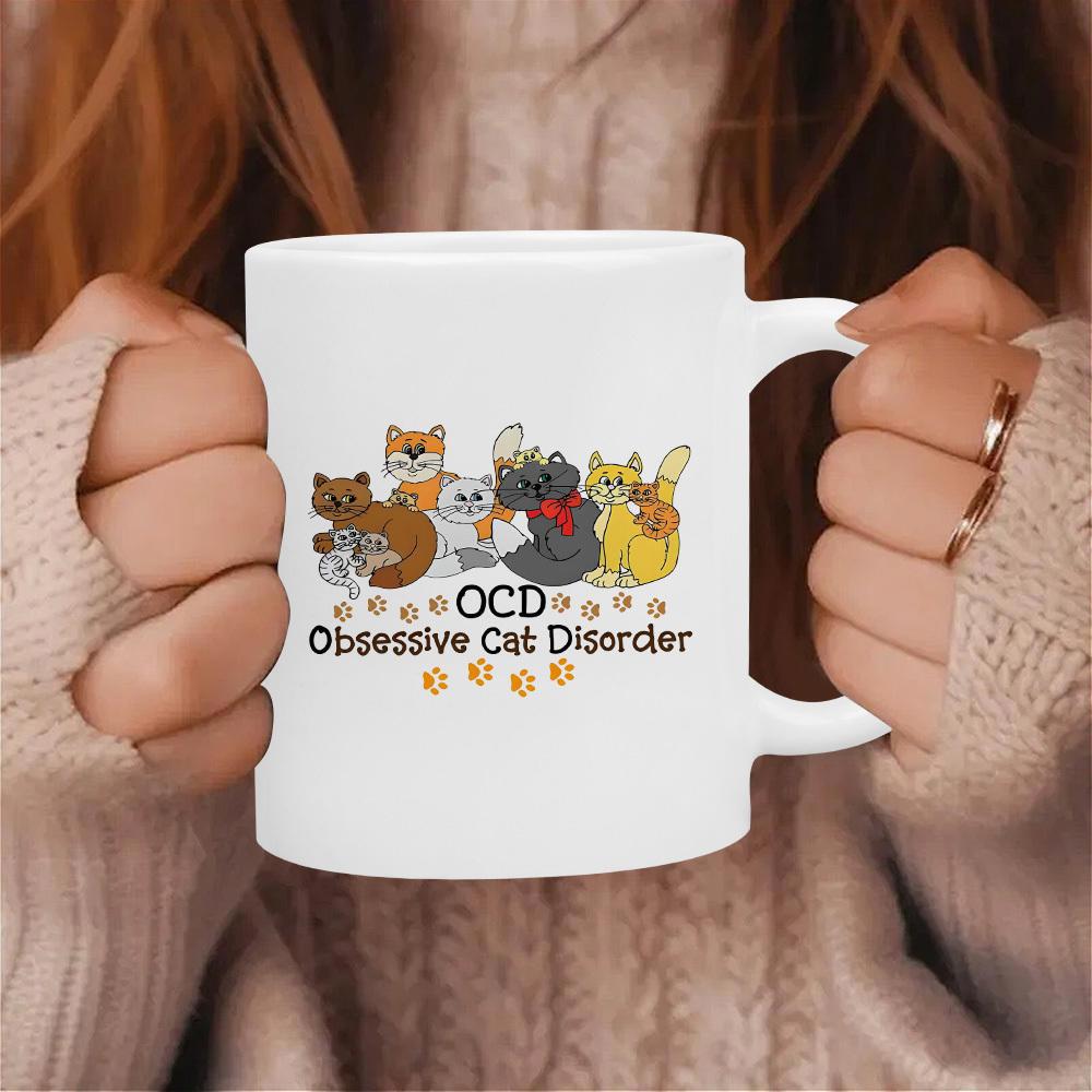 Tailorly White Ceramic 11 oz Mug - Ocd Obsessive Cat Disorder Playful Hand Drawn Cartoon Kittens Surrounded By Tiny Paws Mug