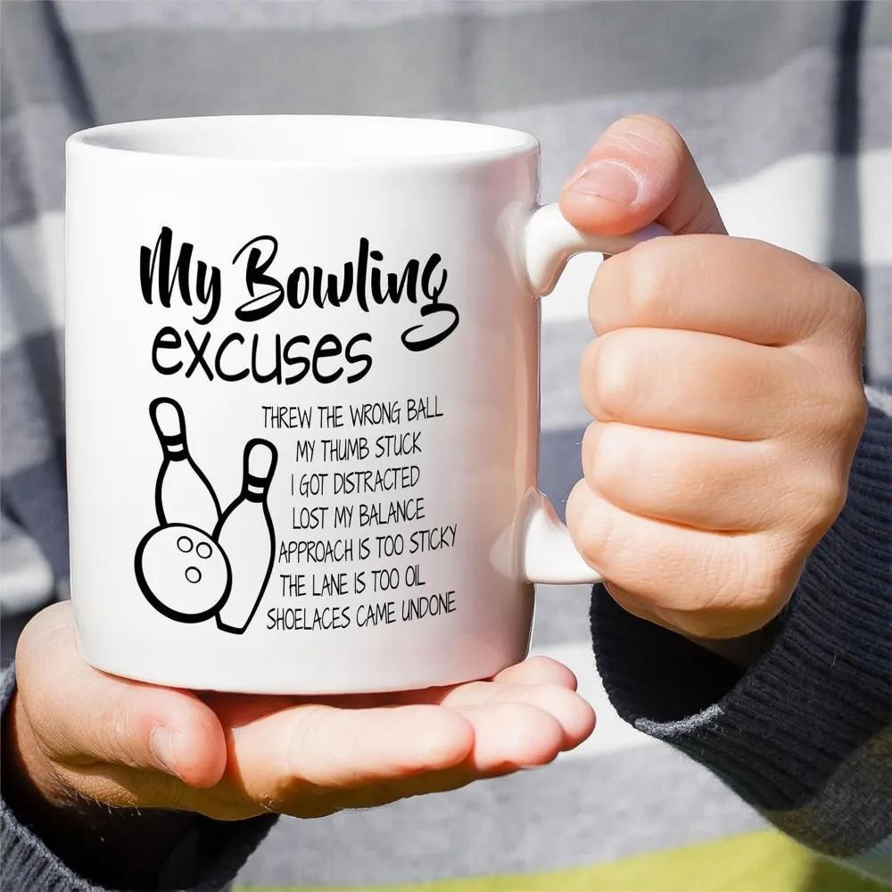 Tailorly White Ceramic 11 oz Mug - My Bowling Excuses Simple Line Art Illustrations Of Two Pins And A Professional Ball Bowling